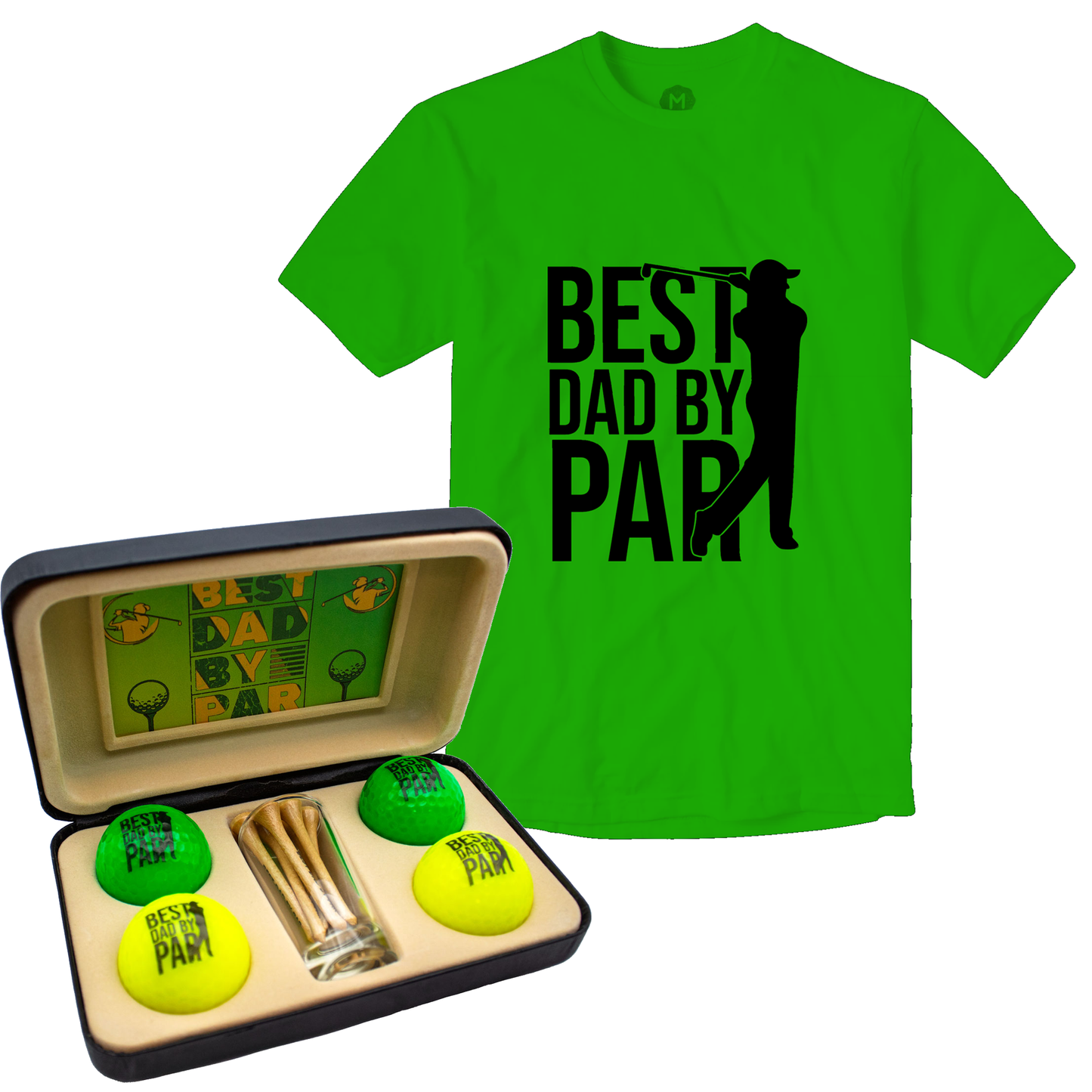 Best Dad By Par Golf Gift Set with Green T-Shirt – Premium Novelty Golf Balls, Tees & Keepsakes