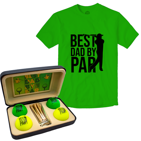 Best Dad By Par Golf Gift Set with Green T-Shirt – Premium Novelty Golf Balls, Tees & Keepsakes