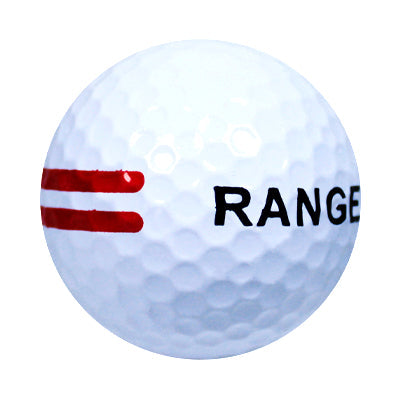 white golf ball with red stripes and RANGE printed on it