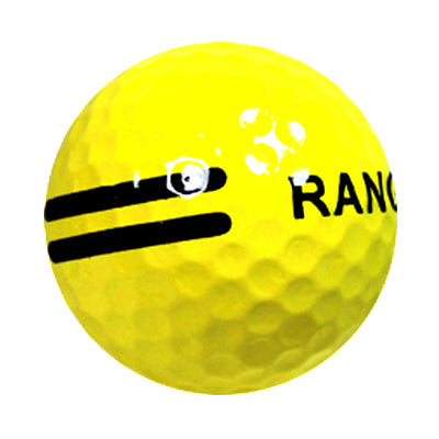 Yellow golf ball with black stripes and RANGE printed on it