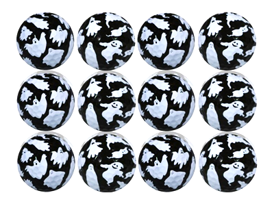 white ghost shapes on a black background on golf balls