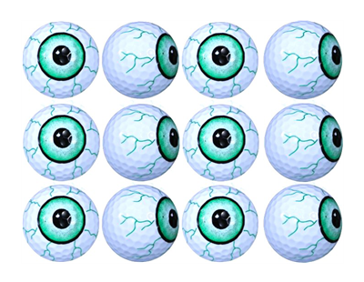 bloodshot green eyeballs on white golf ball